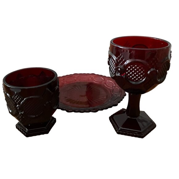 Vintage Avon Ruby Red Cape Cod Collection Goblet, Plate & Dessert Bowl Set - Picture 1 of 5